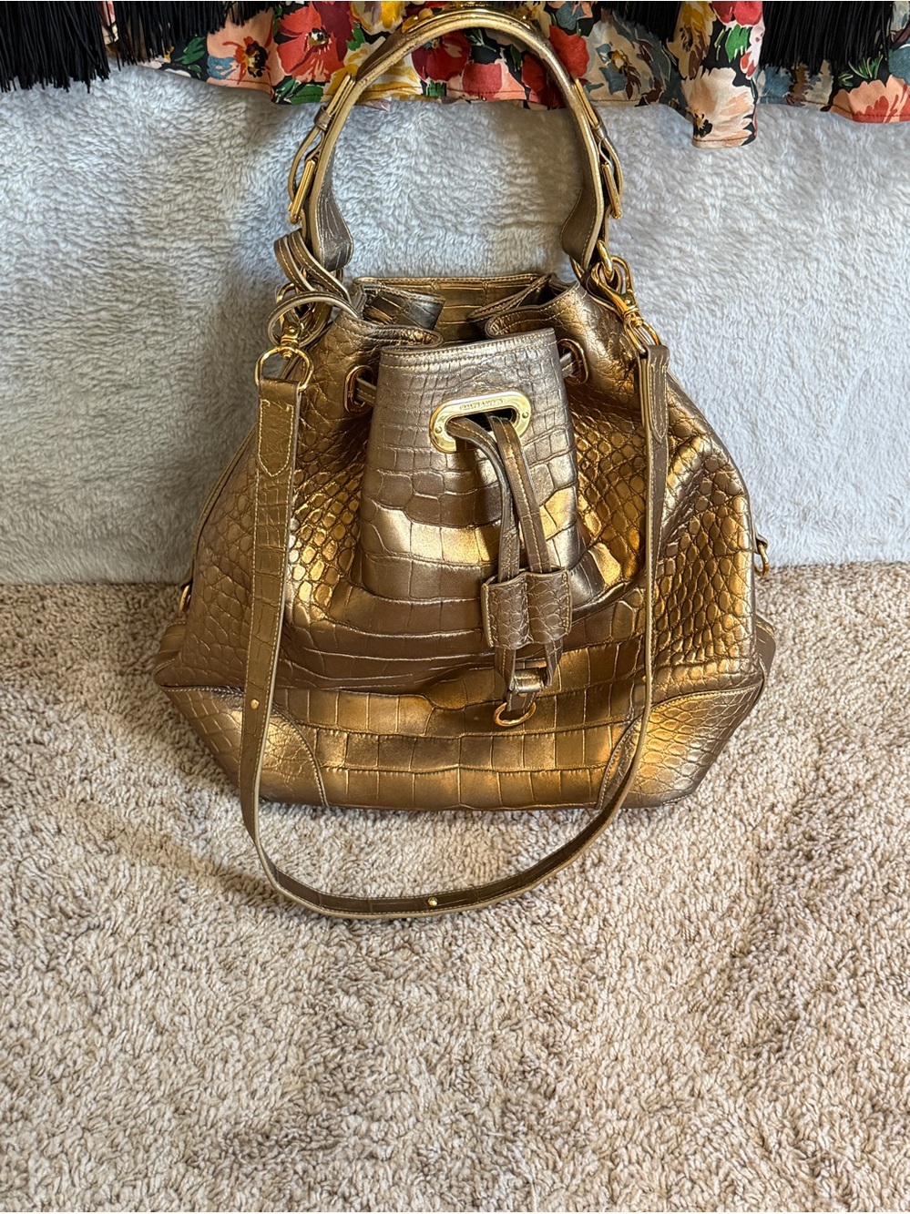 Ralph Lauren Gold Croc-Embossed Leather Drawstring Bucket Bag & Pouch Luxury